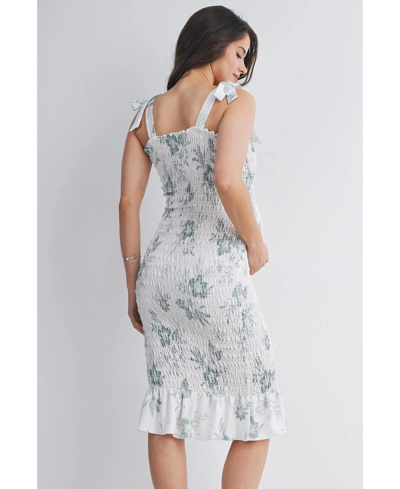 Hello Miz Maternity Bodycon Floral Smocked Midi Dress with Adjustable Tie Straps