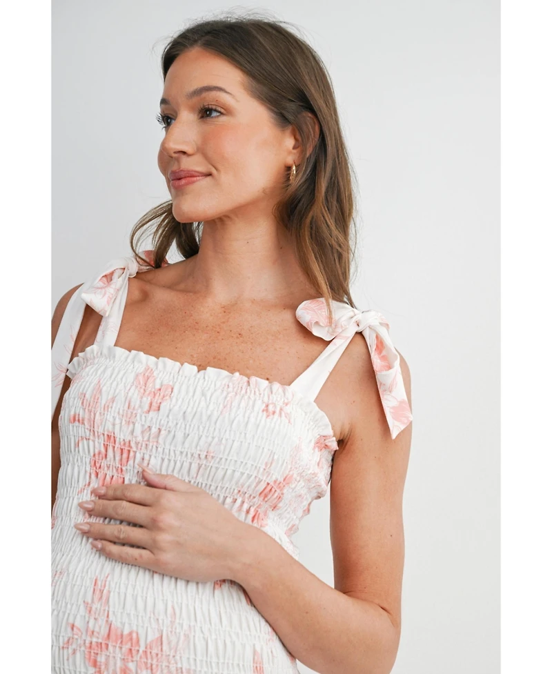 Hello Miz Maternity Bodycon Floral Smocked Midi Dress with Adjustable Tie Straps