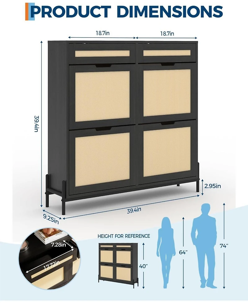 gaomon Rattan Shoe Cabinet Storage with 4 Flip Drawers and 2 Top Drawers Freestanding Shoe Organizer Wooden Slim Shoe Rack Storage