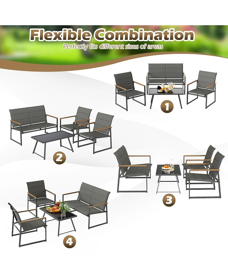 Gymax 4 Piece Patio Furniture Set Outdoor Metal Conversation Set w/ Padded Fabric Seat