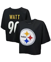Majestic Threads Women's T.j. Watt Black Pittsburgh Steelers Swarovski Crystals Boxy Cropped Name Number T-Shirt