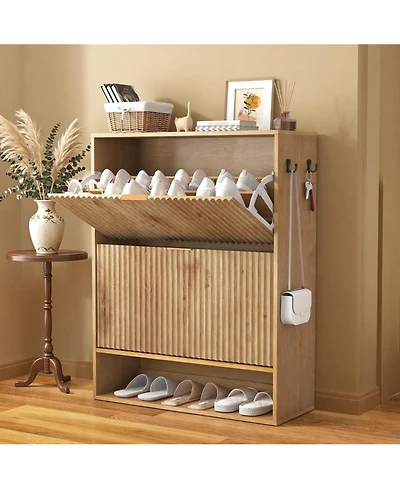 gaomon Slim Fluted Shoe Cabinet for Entryway Freestanding Narrow Shoe Storage with 2 Flip Drawers Open Bottom Shelf and Side Hooks for Foyer and Hall