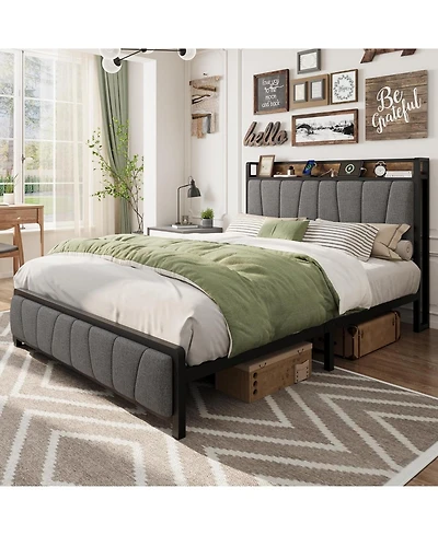 Gaomon queen bed frame with storage drawers, charging station, and upholstered headboard.