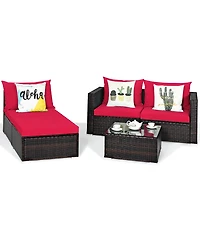 Gymax 5PCS Cushioned Rattan Patio Conversation Set with Ottoman Red Cushion