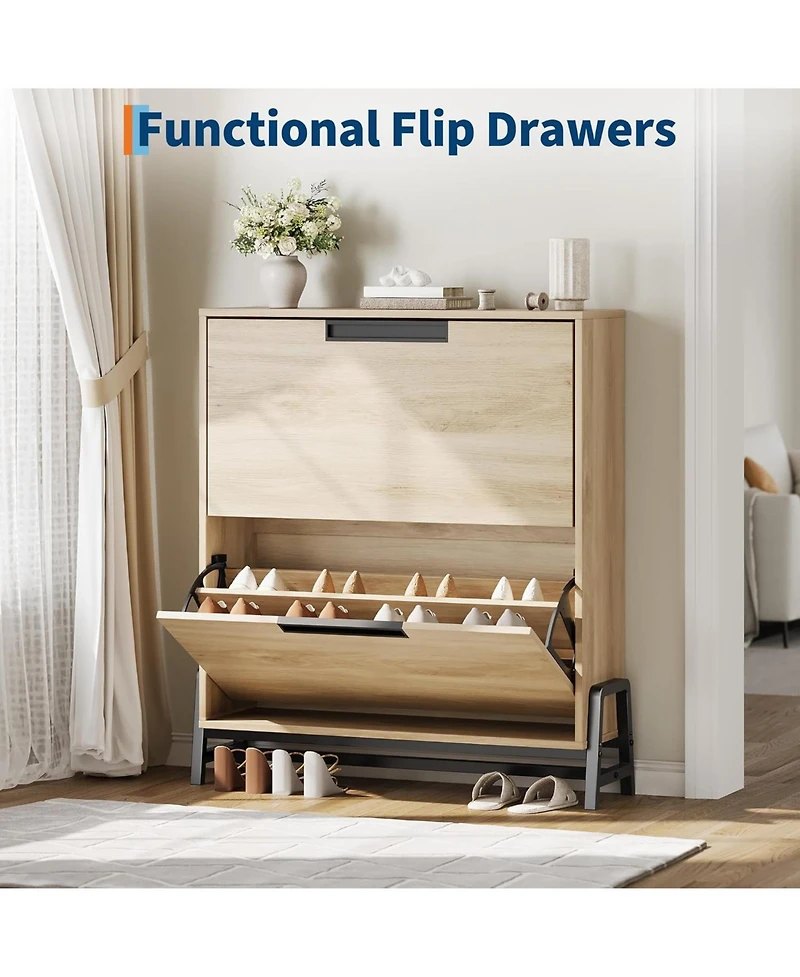 gaomon Narrow Hidden Shoe Storage Organizer with Top Decor Shelf Modern Shoe Cabinet with 2 Flip Drawers for Entryway and Hallway