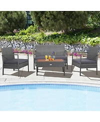 Gymax 8PCS Rattan Patio Conversation Furniture Set w/ Acacia Wood Tabletop and Cushions