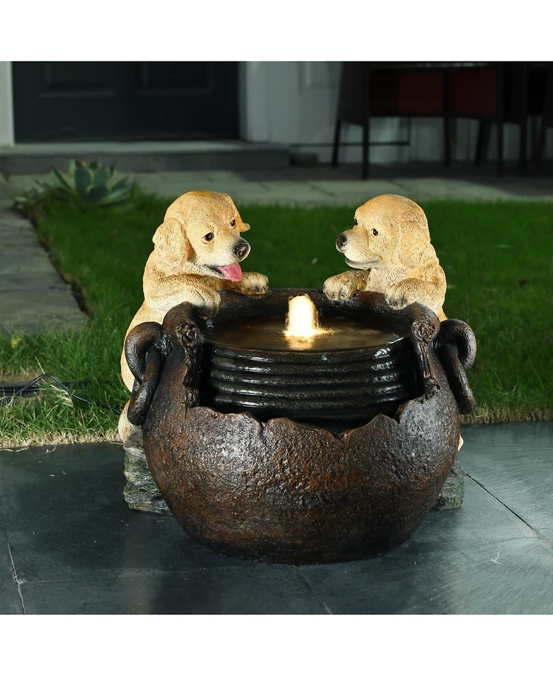 LuxenHome Puppy Love Farmhouse Resin Outdoor Fountain with Lights