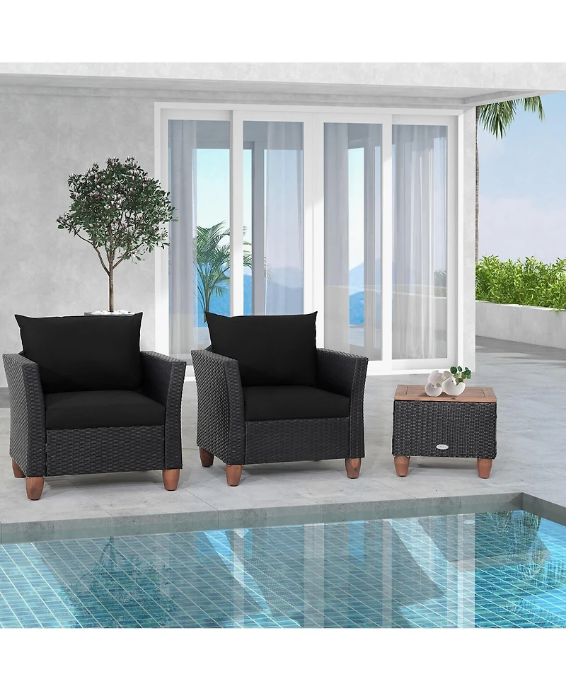Gymax 3PCS Patio Rattan Conversation Furniture Set Yard Outdoor w/ Black Cushions