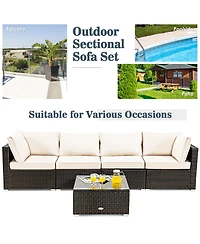 Gymax 5PCS Rattan Patio Conversation Set Sofa Furniture Set w/ White Cushions