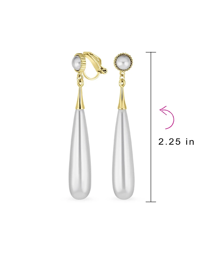 Bling Jewelry Modern Geometric Linear Thin Long Off White Column Simulated Pearl Dangling Chandelier Clip-on Earrings Yellow Gold Plated