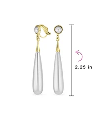 Bling Jewelry Modern Geometric Linear Thin Long Off White Column Simulated Pearl Dangling Chandelier Clip-on Earrings Yellow Gold Plated