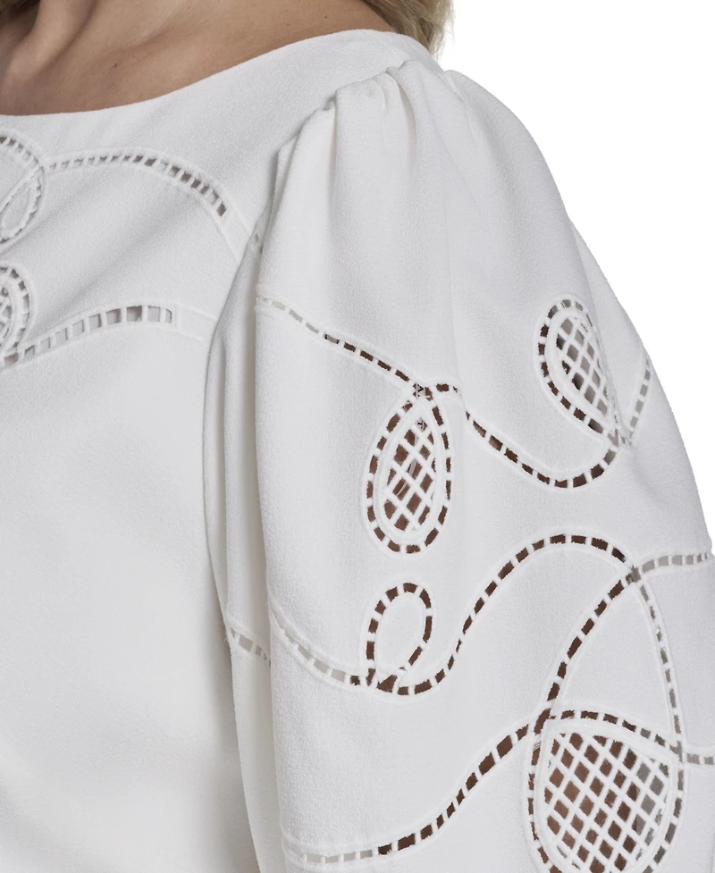 Vince Camuto Plus Puff-Sleeve Boatneck Laser-Cut Dress