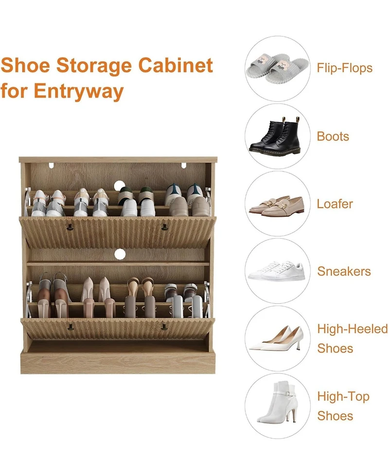 gaomon Fluted Shoe Cabinet with 2 Flip Drawers Narrow Cabinet with Adjustable Shelves and Elegant Handles Wooden Shoe Organizer