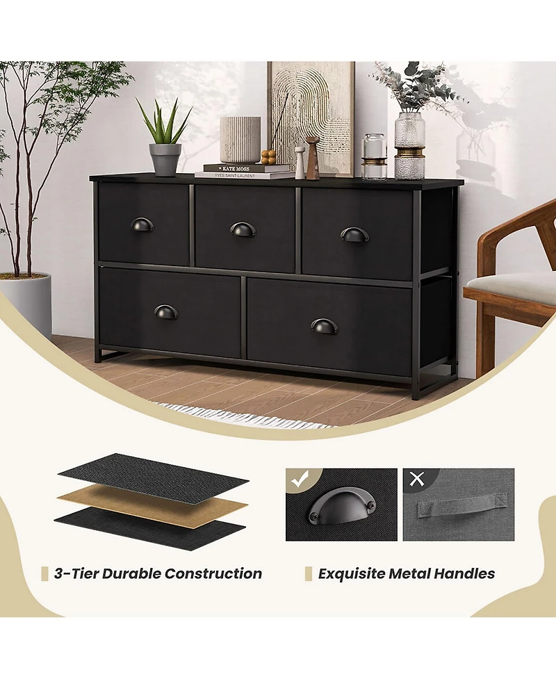 Gymax 5 Drawers Dresser Tv Stand Chest Clothes Storage Organizer with 5 Fabric Bins