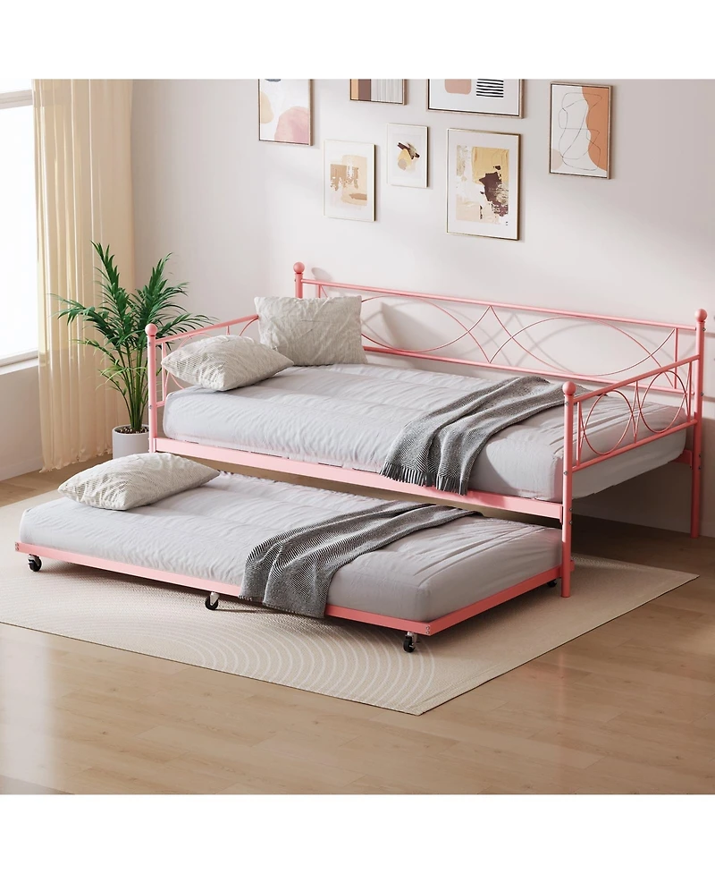 gaomon Daybed Metal Frame with Trundle Platform Sofa Bed Lockable Casters Metal Slats Living Room Bedroom Guest