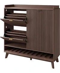 gaomon Space-Saving Fluted Shoe Cabinet for Entryway – Narrow Freestanding Wooden Shoe Organizer with Sliding Door 2 Turn Drawers