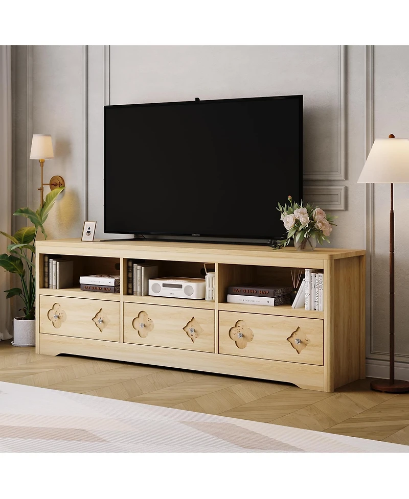 gaomon 70in Tv Stand for TVs Up to 85", Mid Century Modern Entertainment Center with Storage Engraving Drawer and Open Shelves