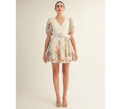 Arose Studio, Inc Women's Floral Garden Border Print Belted Mini Dress