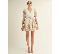 Arose Studio, Inc Women's Floral Garden Border Print Belted Mini Dress