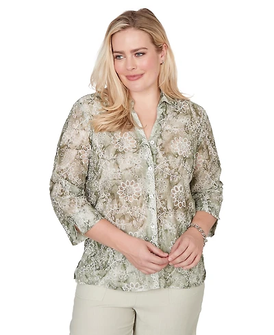 Alfred Dunner Petite Vintage-Inspired Charm Tie Dye Monotone Floral Button-Front Top