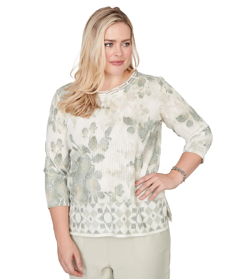Alfred Dunner Petite Charm Floral Tonal Border Embellished Crew Neck Top