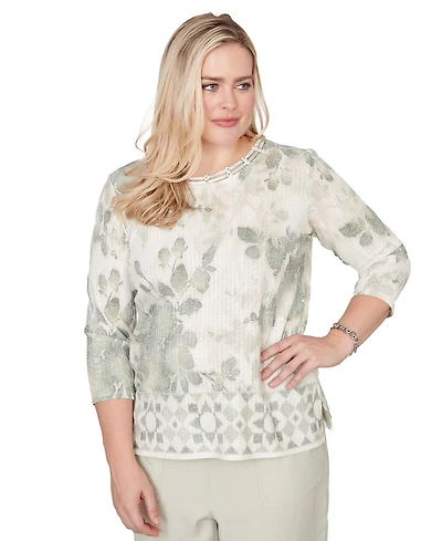 Alfred Dunner Petite Charm Floral Tonal Border Embellished Crew Neck Top