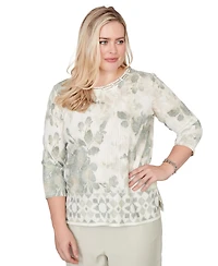 Alfred Dunner Petite Charm Floral Tonal Border Embellished Crew Neck Top
