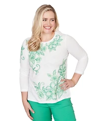 Alfred Dunner Petite Resort Living Tropical Flower Embroidered Crew Neck Top