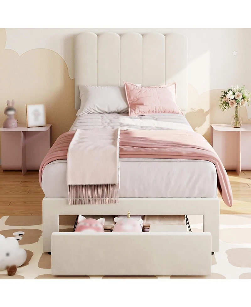 gaomon Bed Frame with Under-Bed Drawer, Upholstered Platform Bed with Wave Headboard for Kids/Girls, Wooden Slats Support, No Box Spring Needed