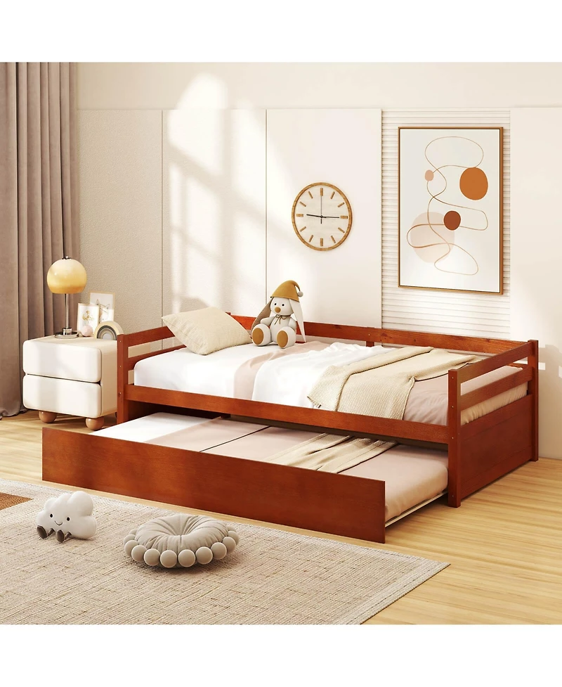 Costway Twin Size Trundle Daybed Wooden Slat Support Mattress Platform for Kids