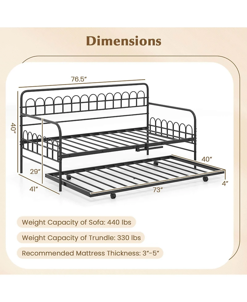 Costway Daybed with Trundle Curved Backrest & Armrests Heavy-duty Metal Slats
