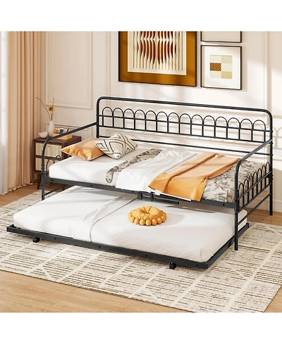 Costway Daybed with Trundle Curved Backrest & Armrests Heavy-duty Metal Slats
