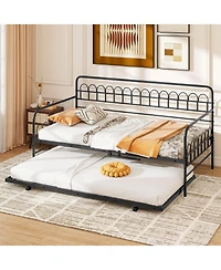 Costway Daybed with Trundle Curved Backrest & Armrests Heavy-duty Metal Slats