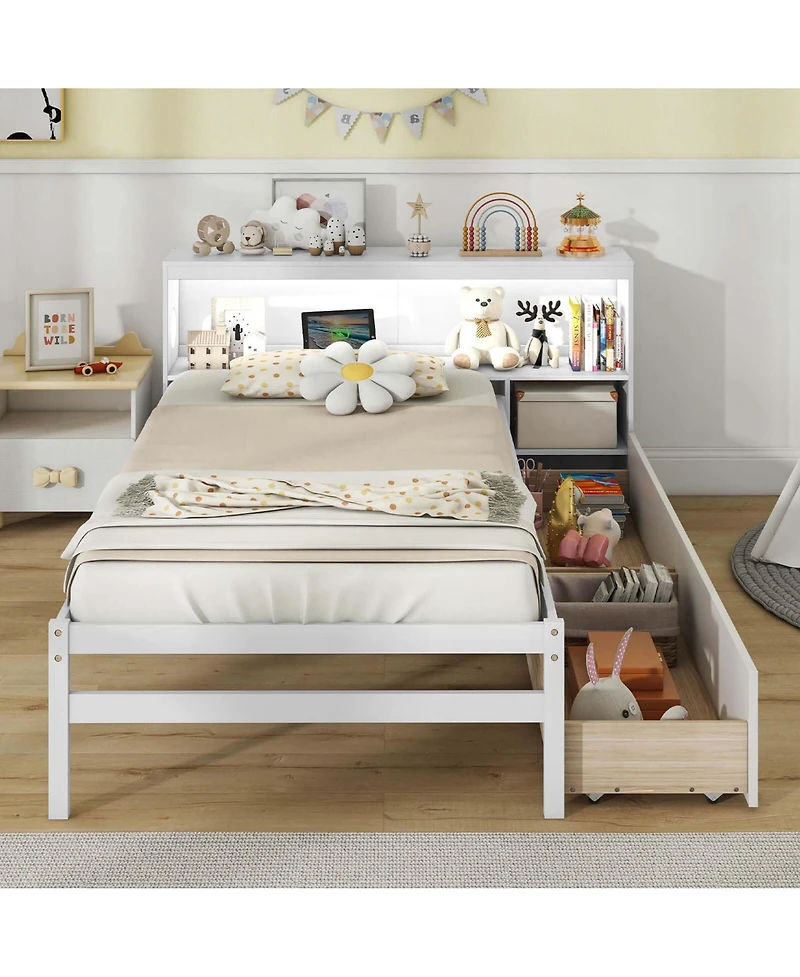Twin Size Bed Frame with Led Light & Power Outlet Bookcase Headboard Drawers