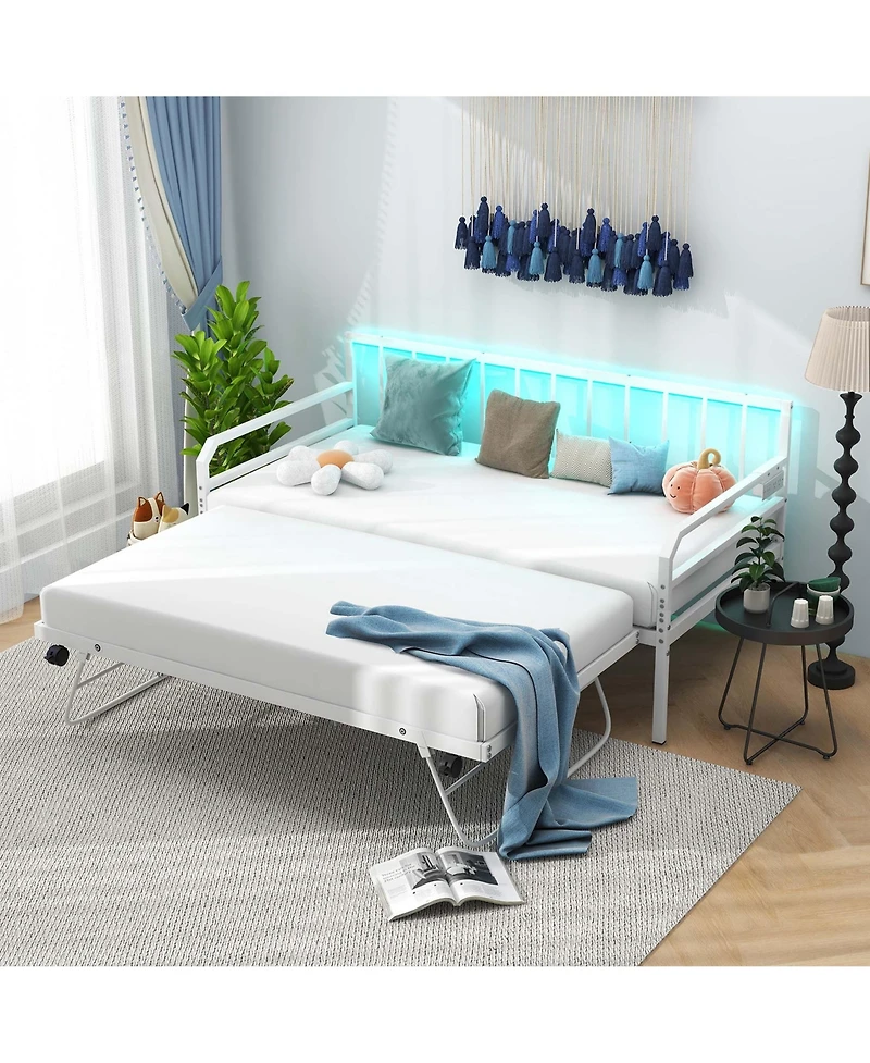 Twin Size Daybed with Pop-up Trundle Charging Station & Led Lights for Living Room
