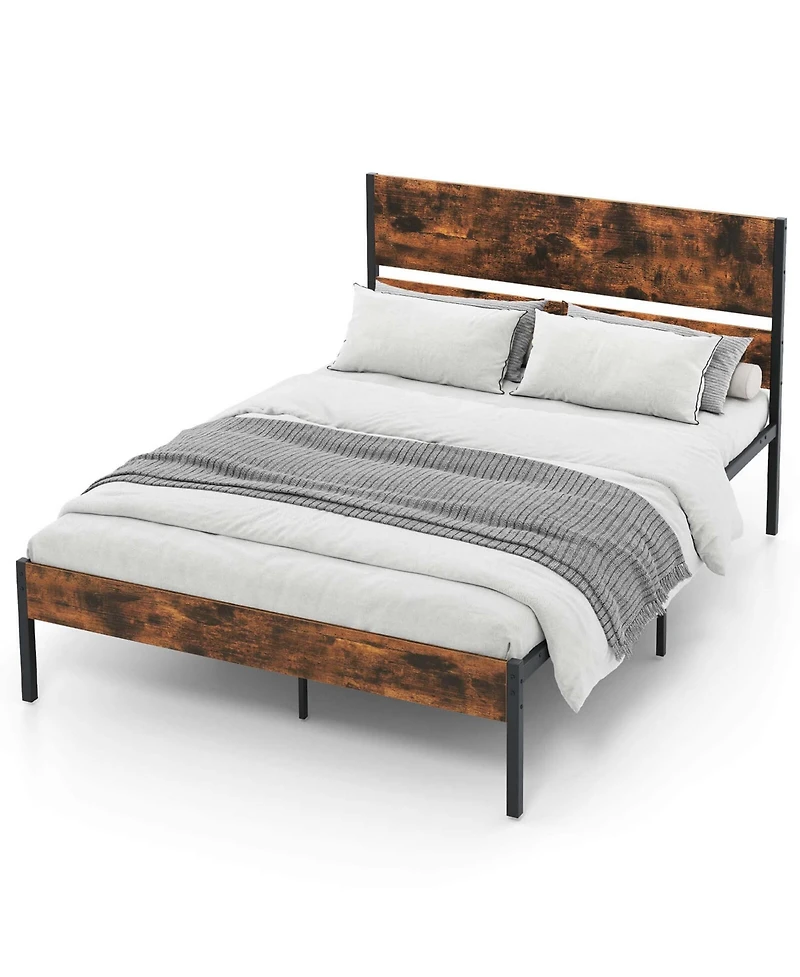 Full Size Bed Frame with Wooden Headboard Under-Bed Storage No Box Spring Needed