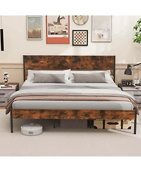 King Size Bed Frame with Wooden Headboard Under-Bed Storage No Box Spring Needed