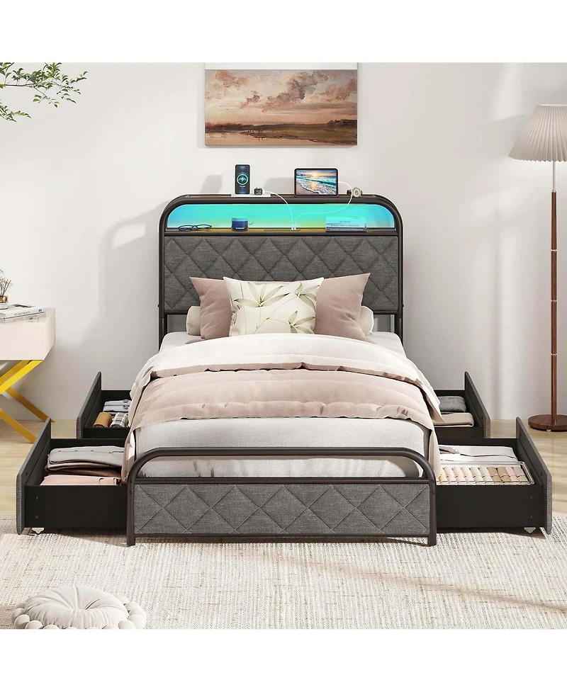 Twin Size Bed Frame with Led Lights & Charging Station Storage Headboard & Drawers