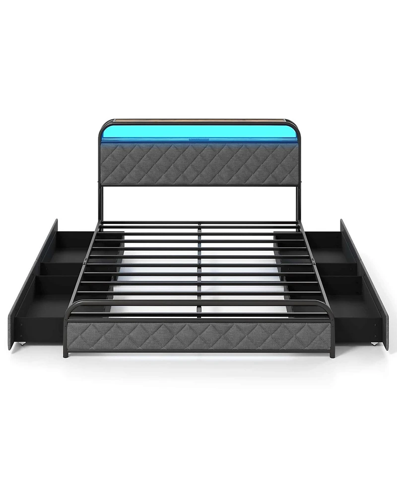 Queen Size Bed Frame with Led Lights & Charging Station Storage Headboard & Drawers