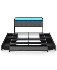 Queen Size Bed Frame with Led Lights & Charging Station Storage Headboard & Drawers