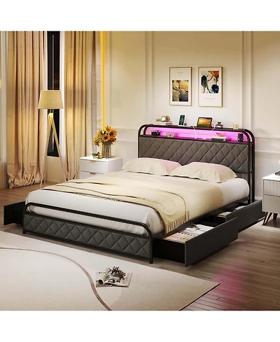 Queen Size Bed Frame with Led Lights & Charging Station Storage Headboard & Drawers