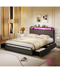 Queen Size Bed Frame with Led Lights & Charging Station Storage Headboard & Drawers