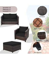 Gymax 5PCS Outdoor Patio Rattan Conversation Sofa Furniture Set w/ Cushions