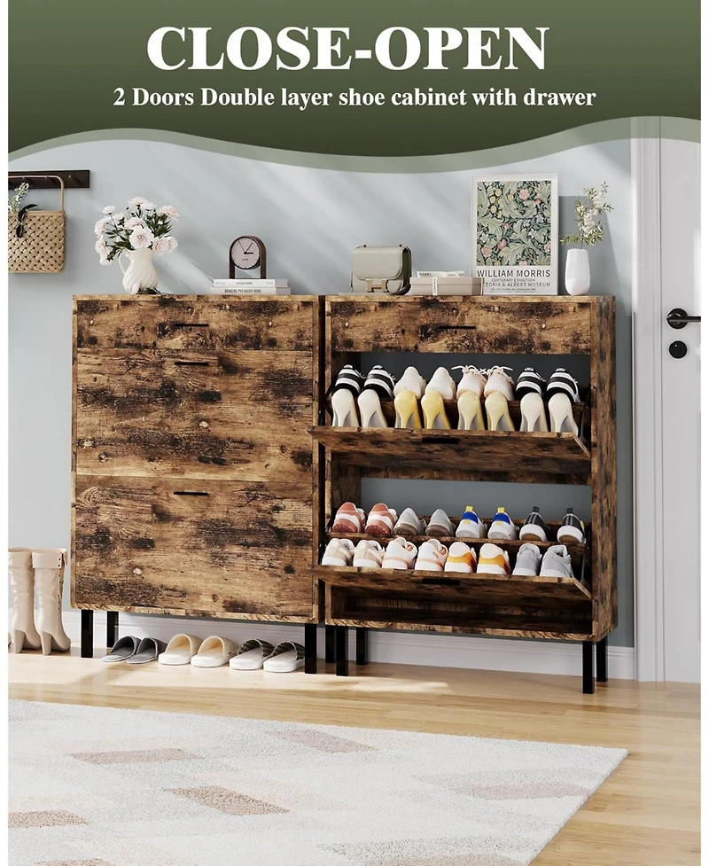 gaomon Space Saving Narrow Shoe Cabinet for Entryway,3 Turn Drawers Freestanding Wooden Shoe Organizer,Adjustable Shelves,Fits Slippers Sneakers Heels