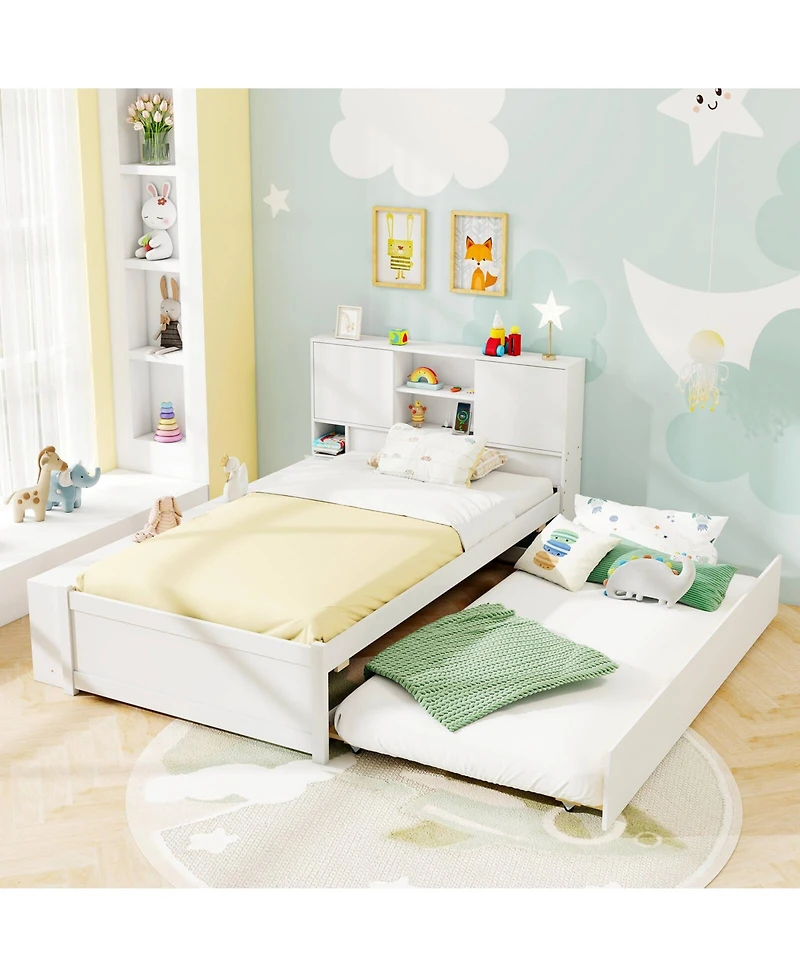 Twin Size Bed Frame with Trundle & Power Outlet Bookcase Headboard Sliding Doors