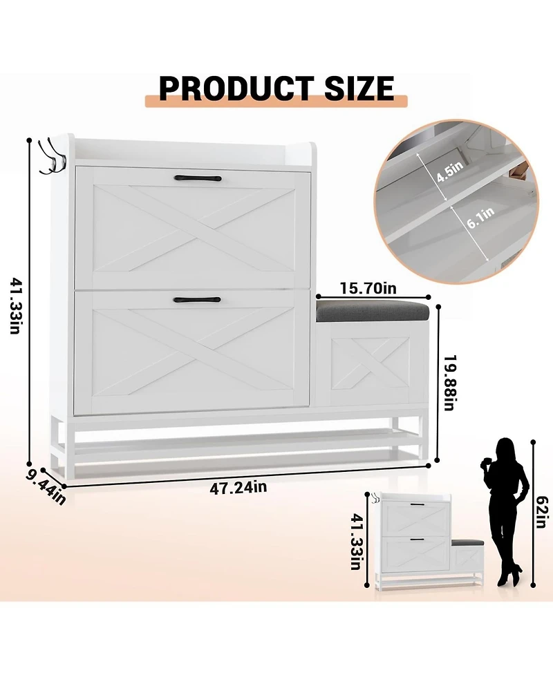 gaomon 2 Flip Drawers Shoe Cabinet with Bench Narrow Entryway Shoe Storage Organizer Freestanding Shoe Rack with Metal Legs