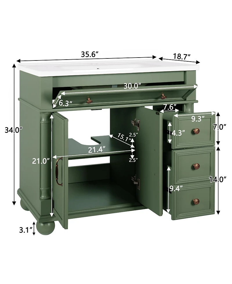 Sillysis 36" Bathroom Vanity with Sink, Medieval Modern Solid Wood Roman Base, Flip Drawer Adjustable Storage, Easy Clean