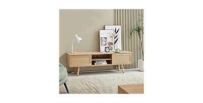 gaomon 55.12" Rattan Tv Cabinet, Double Sliding Doors for Storage, Adjustable Shelf, Solid Wood Legs,Tv Console for Living Room