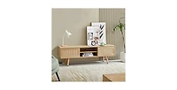 gaomon 55.12" Rattan Tv Cabinet, Double Sliding Doors for Storage, Adjustable Shelf, Solid Wood Legs,Tv Console for Living Room