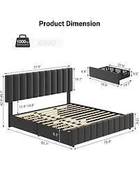 gaomon King Upholstered Bed Frame 4 Storage Drawers Adjustable Headboard Wooden Slats Support No Box Spring